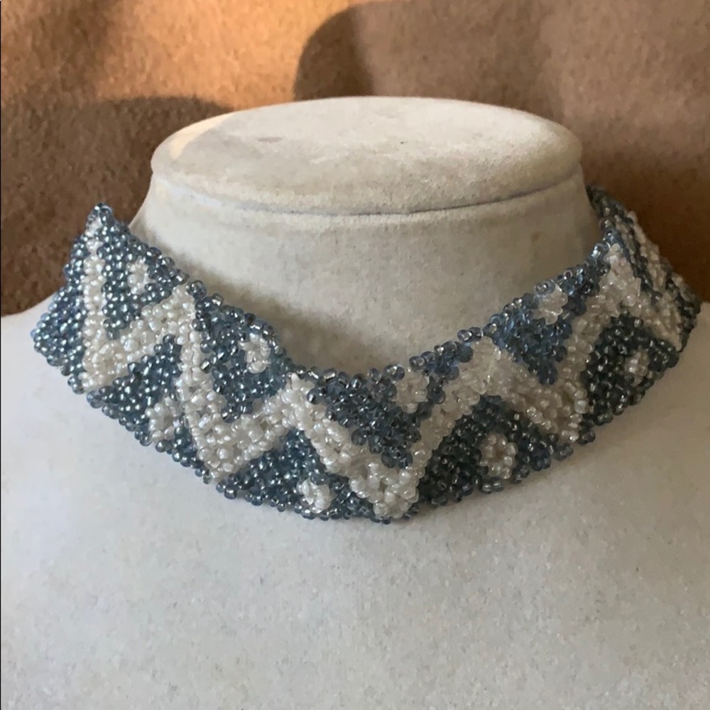 Powder blue beaded choker necklace
